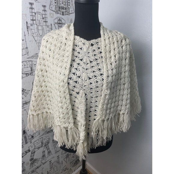 Handmade Crochet Shawl Metallic Sparkle Ivory Fringe Boho Wrap - Picture 2 of 11